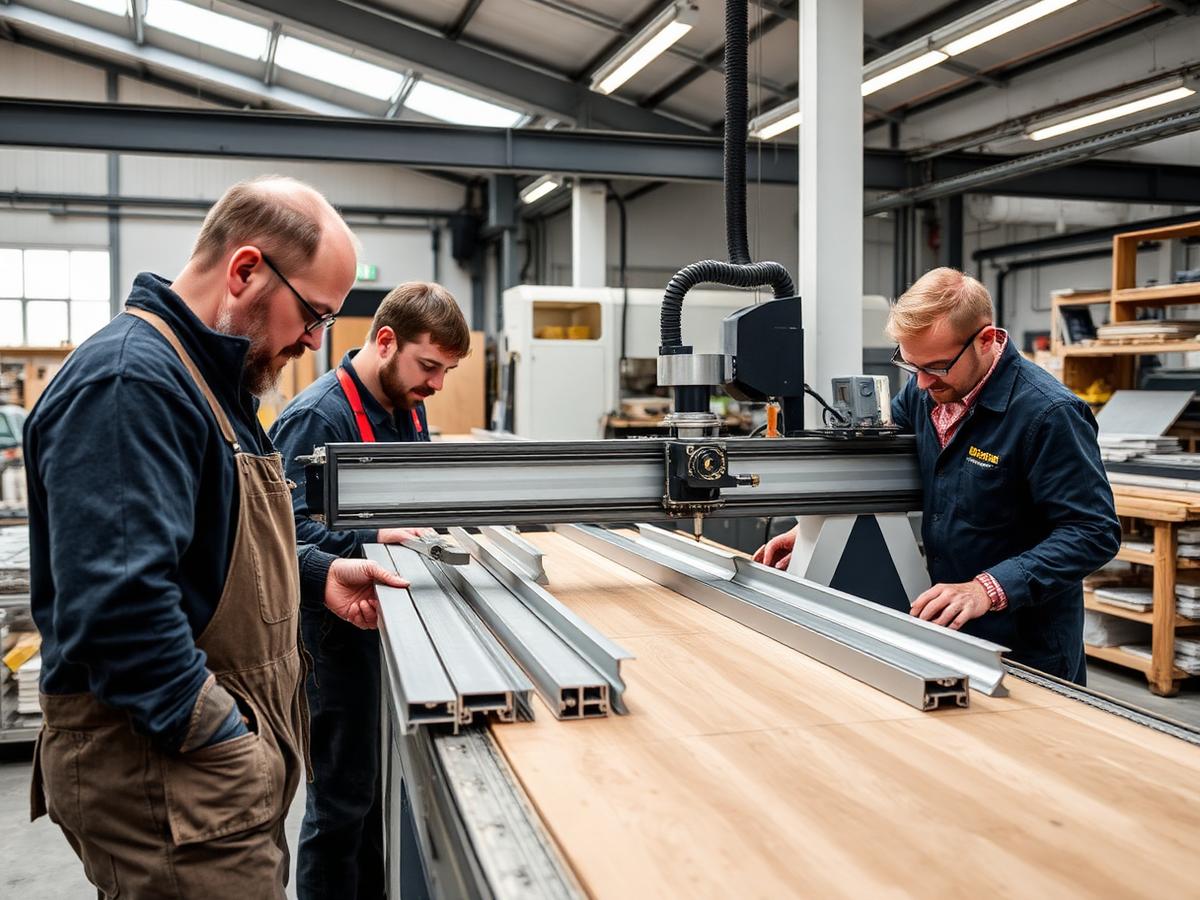 Craftsmen cutting aluminium profiles in the Glass Inomic workshop
